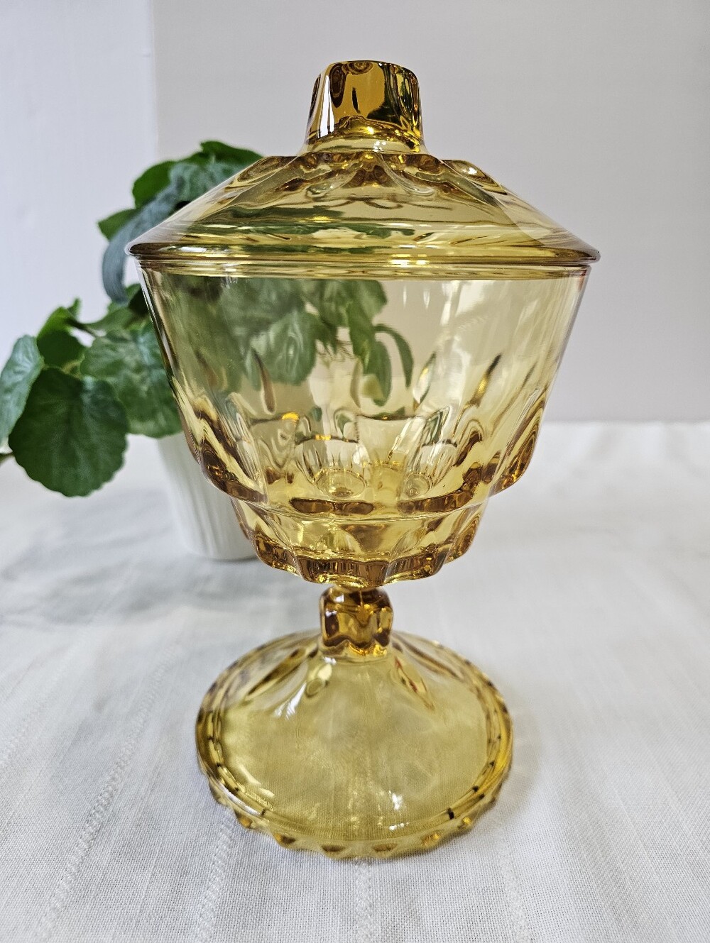 Vintage Amber Pressed Glass Covered Pedestal Candy Dish Compote